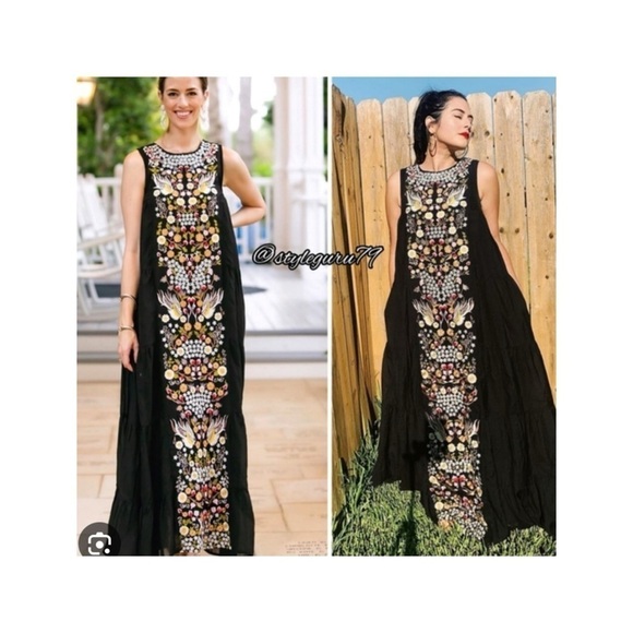 SAMANT CHAUHAN Anthropologie Black Embroidered Oversized Maxi Dress Size 4 NWT - Picture 3 of 16